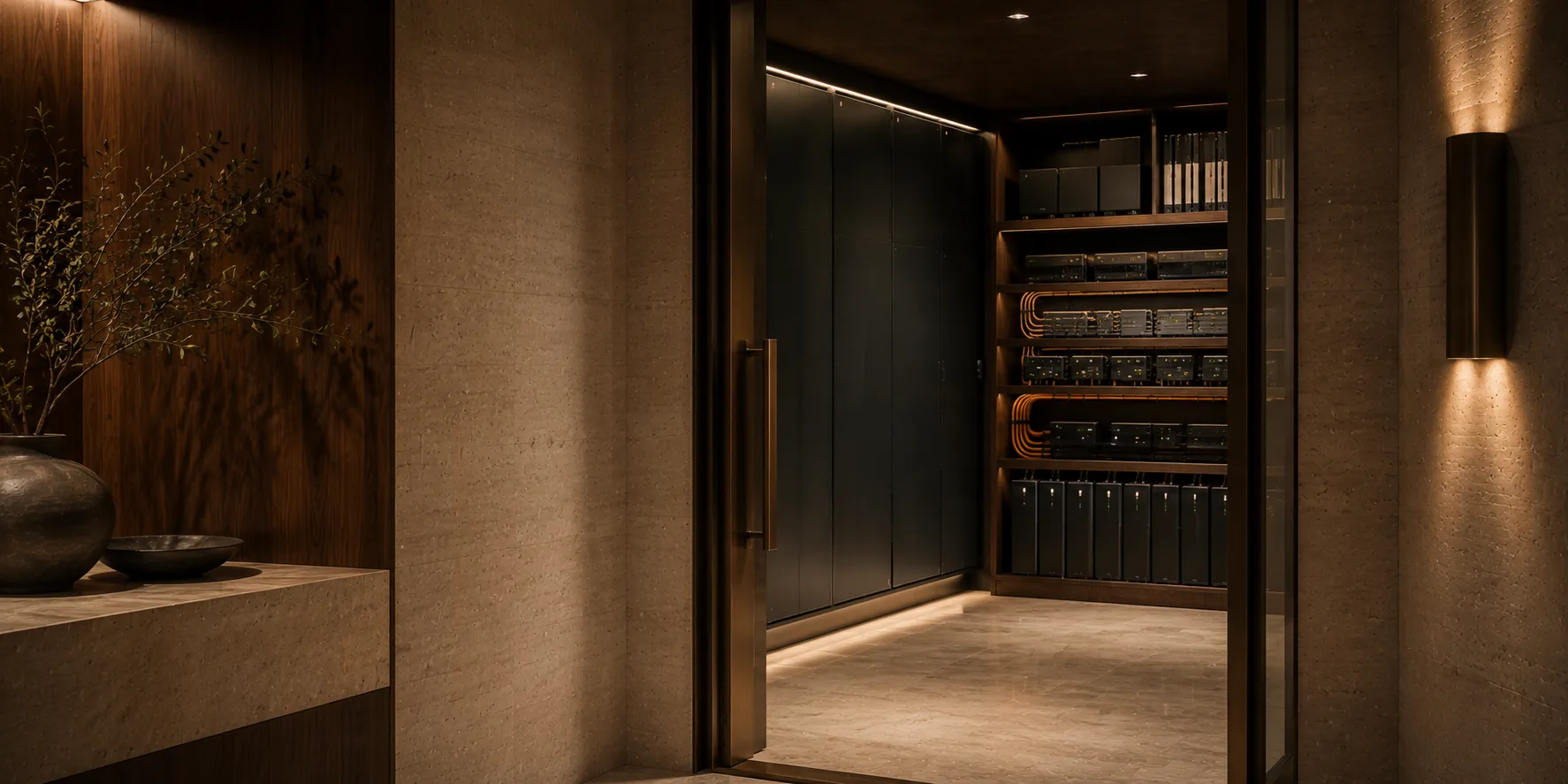 A wall of matte energy-storage modules lit like a private cellar.